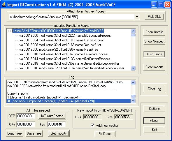 Fixing the import table using ImpREC